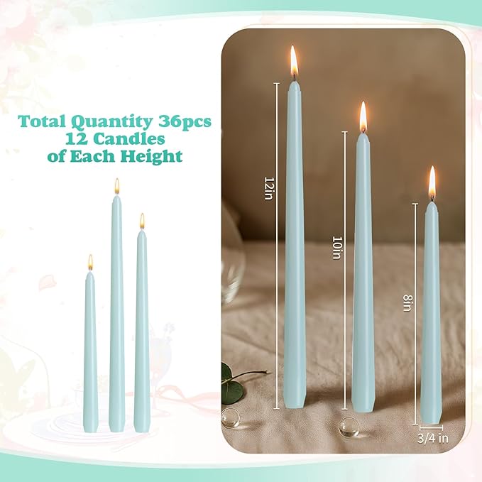 MTLEE Taper Candles 8/10/12 Multi Height Unscented Taper Candles 8 Burn Hours for Dinner Decorative Home Decoration Wedding Party Candlesticks(Bean Green,36)
