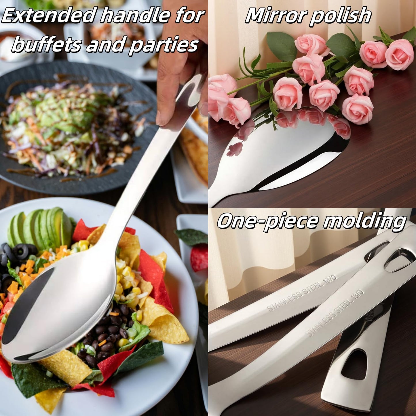 10-Piece Large Flatware Serving Utensils Sets, Stainless Steel Long Handle Serving Spoons, Heavy Duty Serving Forks, Serving Tongs, Mini Sugar Tongs for Buffet Catering Banquet Party (Silver)