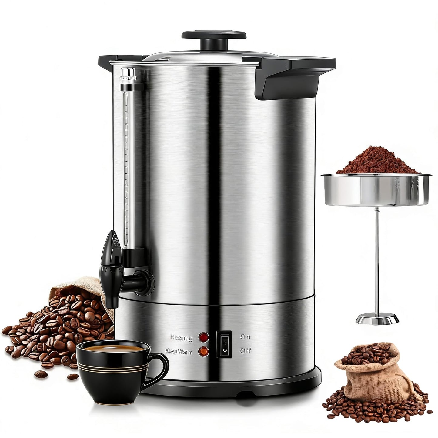 CTJ Commercial Coffee Urn 100-Cup Percolate Coffee Maker Stainless Steel Hot Water Urns 15L/4 Gallon Large Capacity Hot Beverage Dispenser with Removable Filter for Coffee, Tea, Water