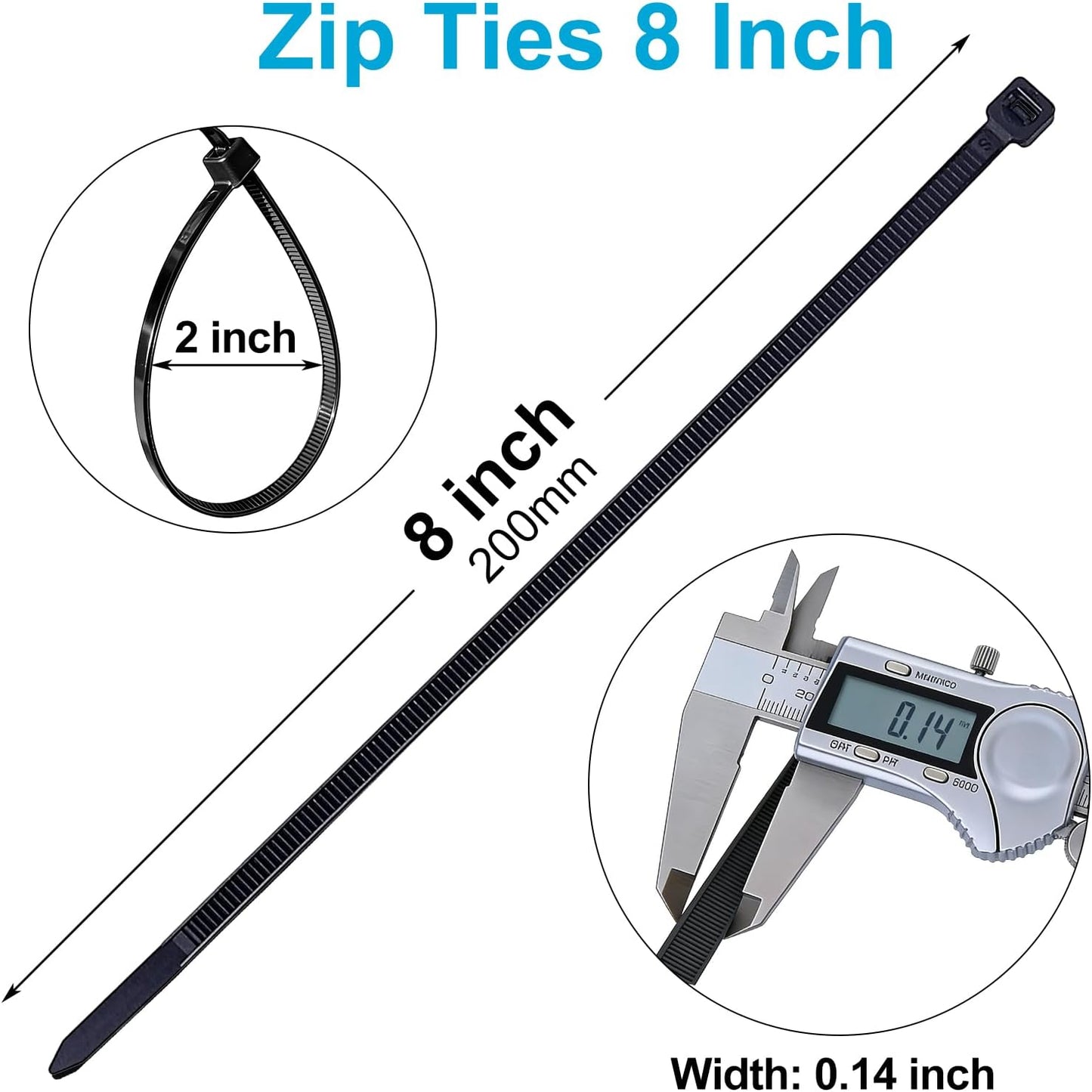 mfuifdo 150 Pack 8 Inch 40Lbs Zip Ties Black, Tensile Strength, Premium Nylon Cable Ties, Plastic Zip Ties, For Garage