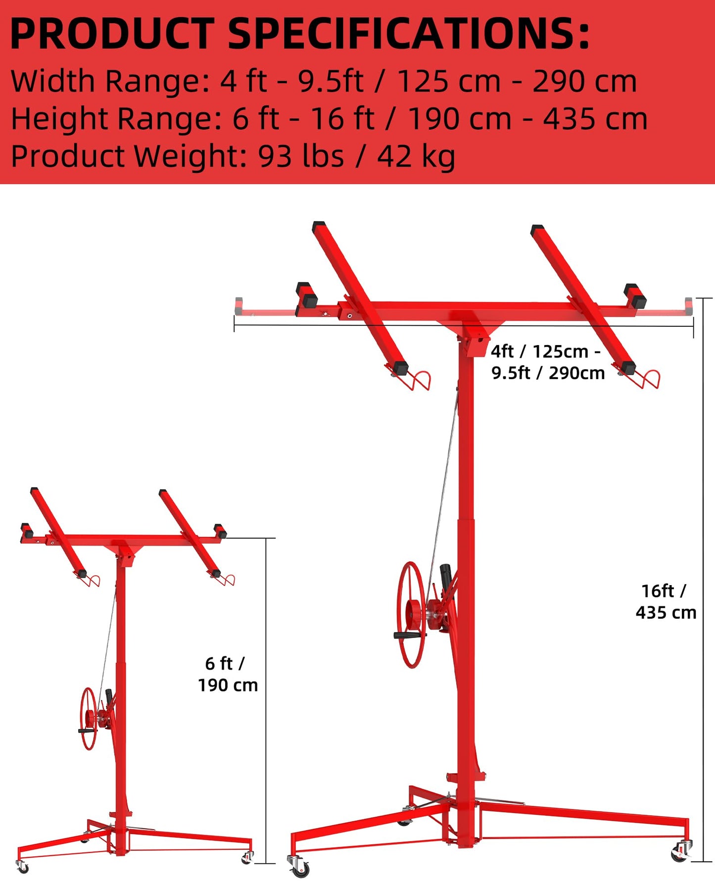 Drywall Lift 16 ft, Heavy-Duty 150 Lbs Drywall Rolling Lifter Panel, Sheetrock Hoist Lift Drywall Jack Lift for Ceiling, Drywall Panel Hoist with 360°Adjustable Telescopic Arm &3 Lockable Wheels, Red