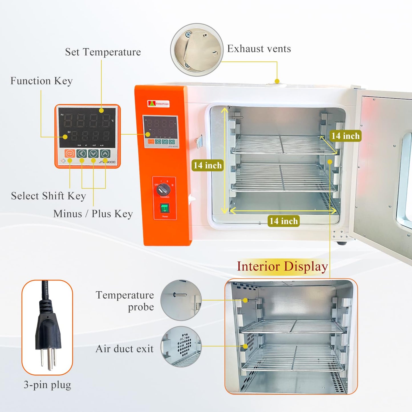 Sidawhope Digital Forced Air Convection Drying Oven - 14x14x14 Inch Chamber, Temperature Control, Adjustable Fan, Kiln, RT-300, Large Capacity Heating Oven for Industrial and Lab