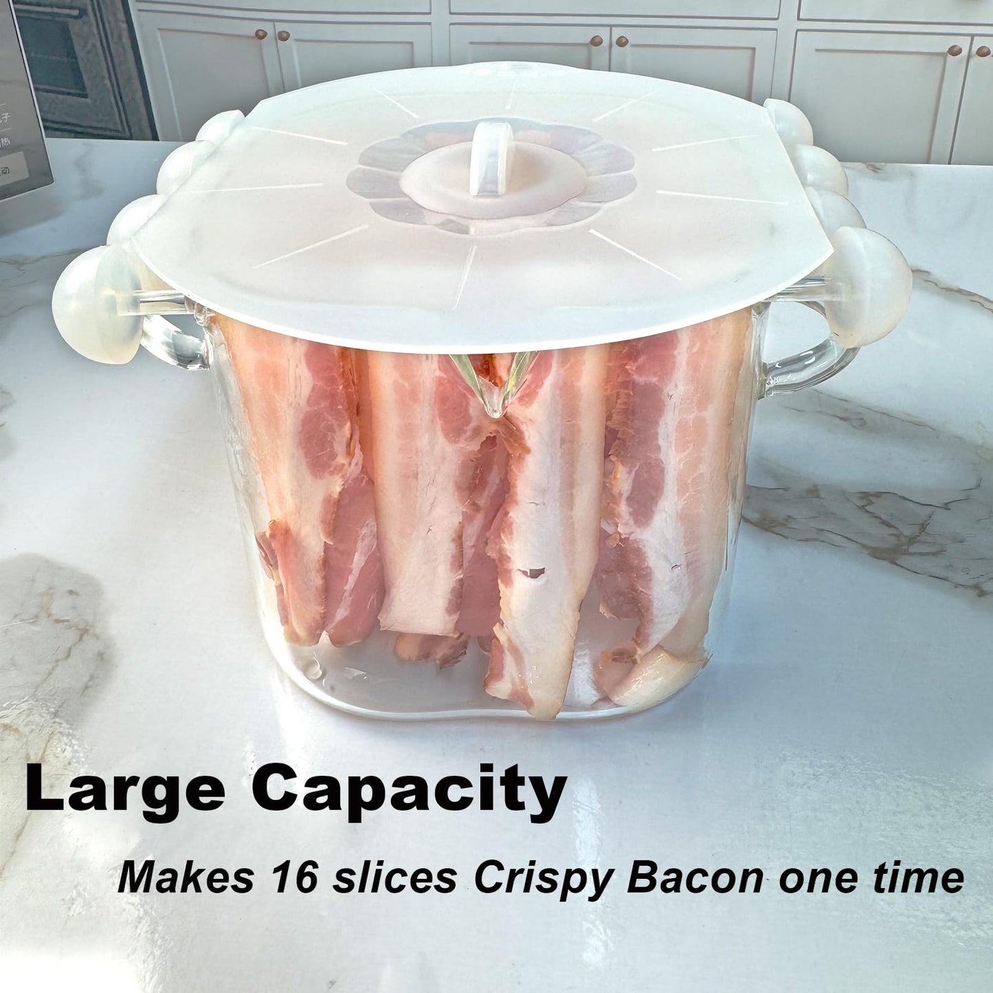 Glass Microwave Bacon Cooker, Microwave Popcorn Popper, 100oz Glass jar with Silicone Lid, Ramen Noodle Bowl and Vegetable Steamer, with Removable Glass skewer, Make 16pcs bacon one time