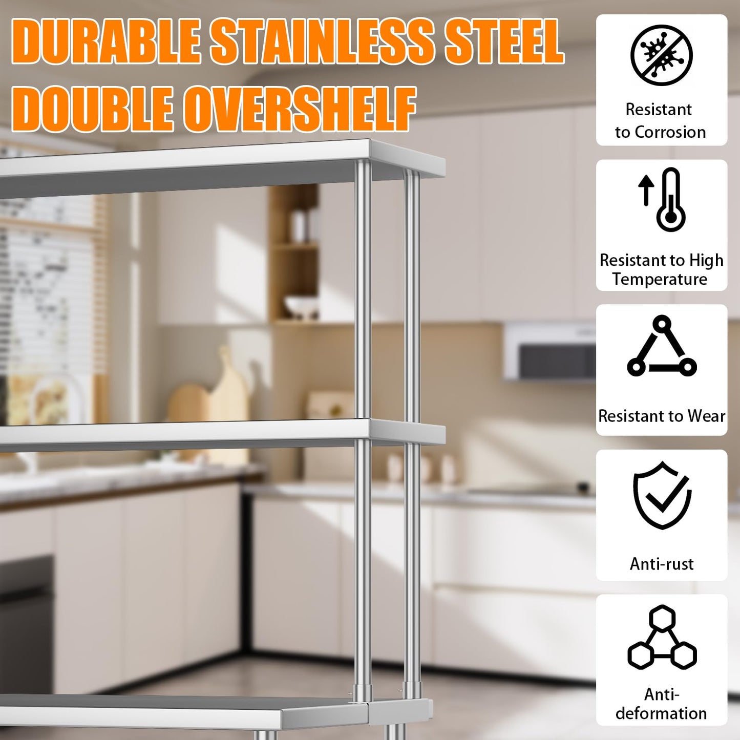 Garvee 12 in x48 in Stainless Steel Overshelf for Prep & Work Table, 360 LB Capacity Commercial 2 Tier Worktable Shelf, Adjustable Double Overshelf for Restaurant, Kitchen, Garage, Workshop