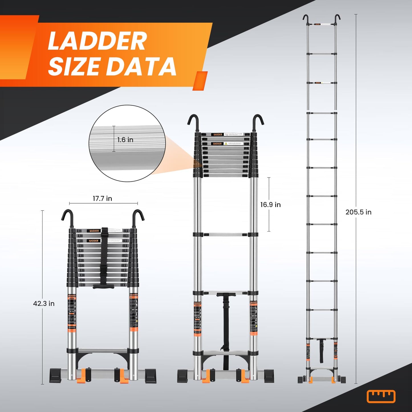 Telescoping Ladder,16.5 FT Extension Ladder w/Hooks,Stabilizers,Wheels,Heavy Duty 330lbs Max Capacity,Collapsible Telescopic Ladder for Rv,Roof,Outdoor