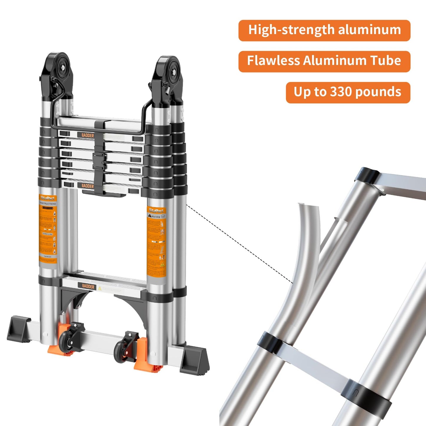 Telescoping Ladder A Frame,Telescopic Ladder for Home, Roof, RV，12.5 Ft Aluminum Extension Ladder with Balance Bar,Wheels and 2 Triangle Stabilizers，330 lb Capacity (12.5FT-A Frame)