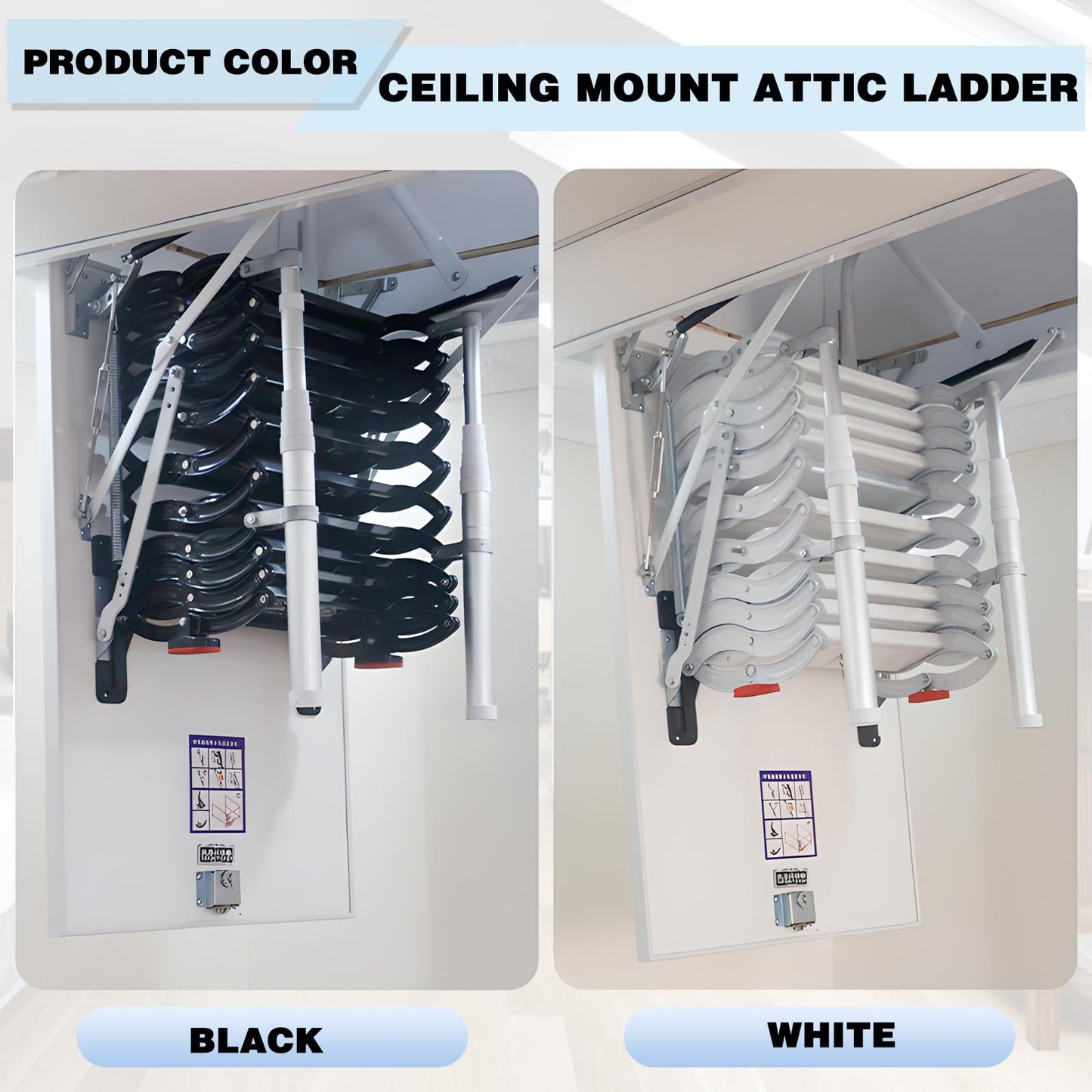 12 Steps Ceiling Mounted Attic Ladder, Retractable Pull Down System Attic Stairs, Telescopic Loft Stairs with Pull Rod, Ceiling Folding Loft Ladder with Handrail for Basement (Black, Steps 12)