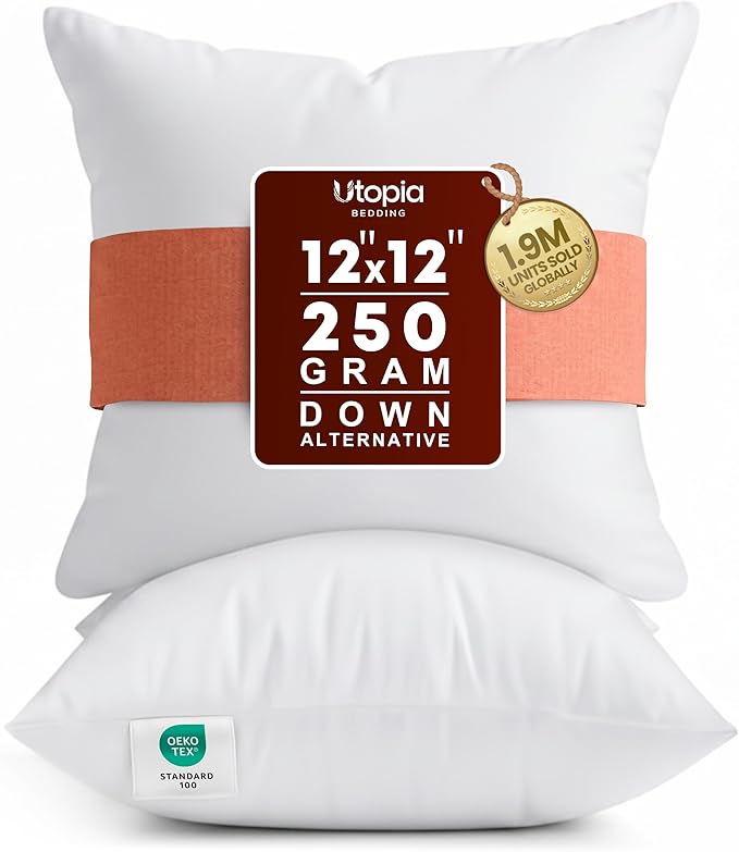 Utopia Bedding 12x12 Pillow Inserts, Set of 2, White – Indoor Decorative Throw Pillows for Bed, Sofa & Couch – Soft, Supportive & Fluffy Cushion Inserts