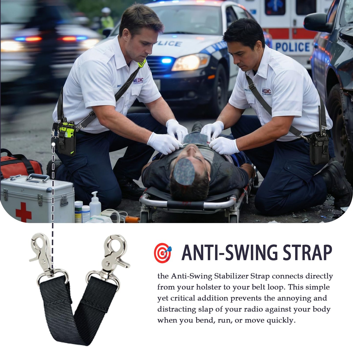 Juecstr Firefighter Radio Holster Set, Includes Adjustable Wide Radio Strap, Metal Clips and Moveable Mic Holder. Anti-Sway Strap for Fires, Auto Accidents, Medical Calls