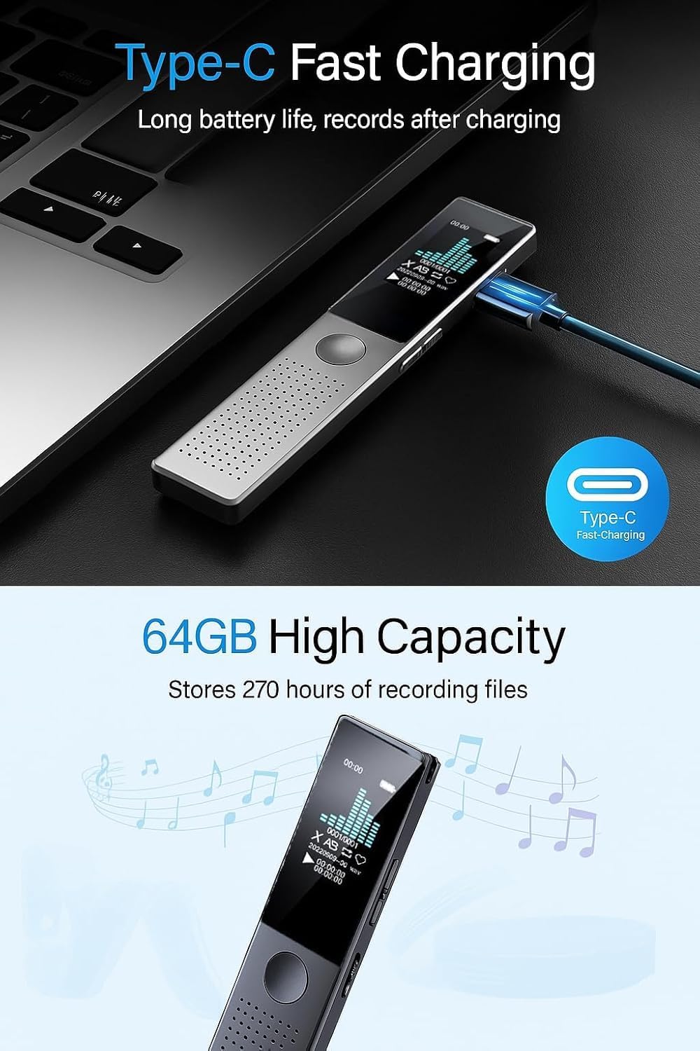 JUSTSTONE 128GB MP3 Digital Voice Recorder with Playback, Ai Noise Reduction, Voice Activated Recording, Password