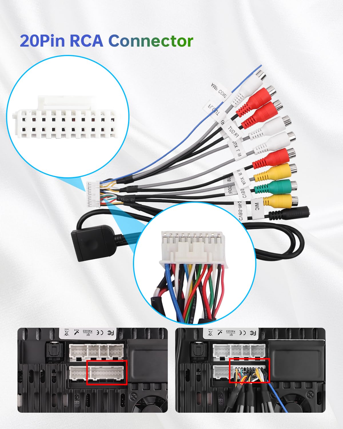 20Pin 4G Android Car Stereo RCA Wiring Harness Adapter with SIM Card Slot, Mic Jack, Audio Input/Output Cable