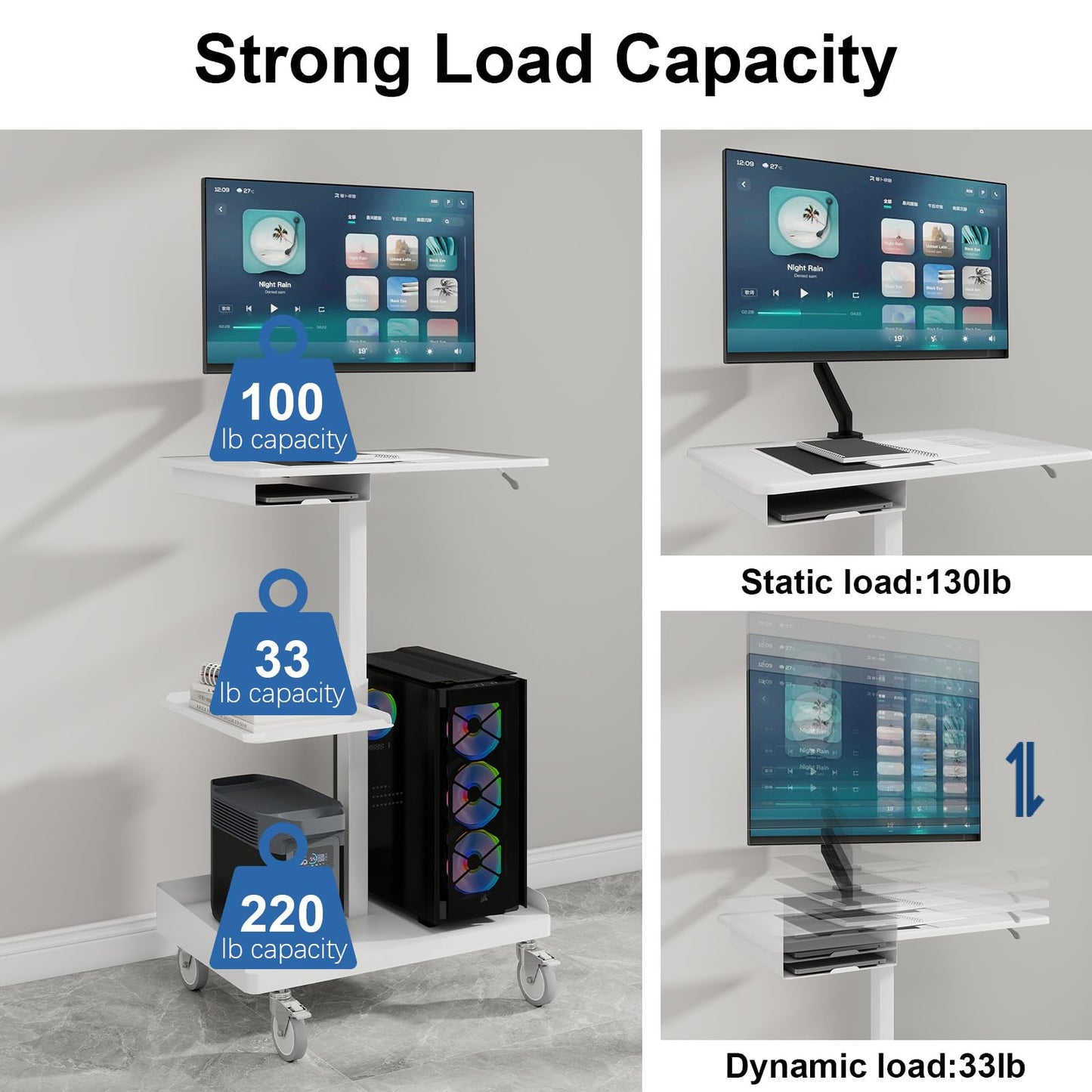 Natwind Mobile Workstation Cart with Monitor Mount,Height Adjustable Rolling Computer Cart, Heavy-Duty Rolling Standing Desk with CPU Holder for Home Office, School,Warehouse, Medical, Workshop