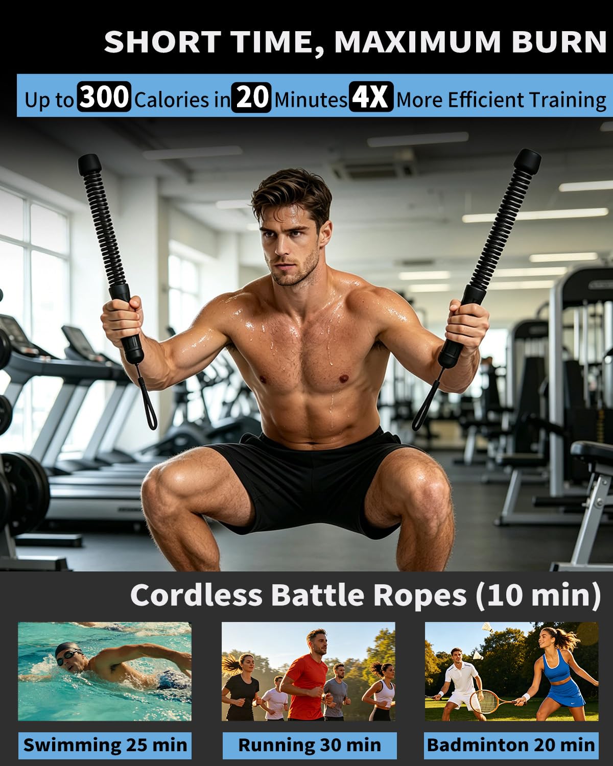 PureWellness Battle Ropes, Weighted Ropeless Battle Rope with Adjustable Resistance Springs for Home Gym Exercise, Portable Workout Equipment for Strength Training & Cardio Fitness