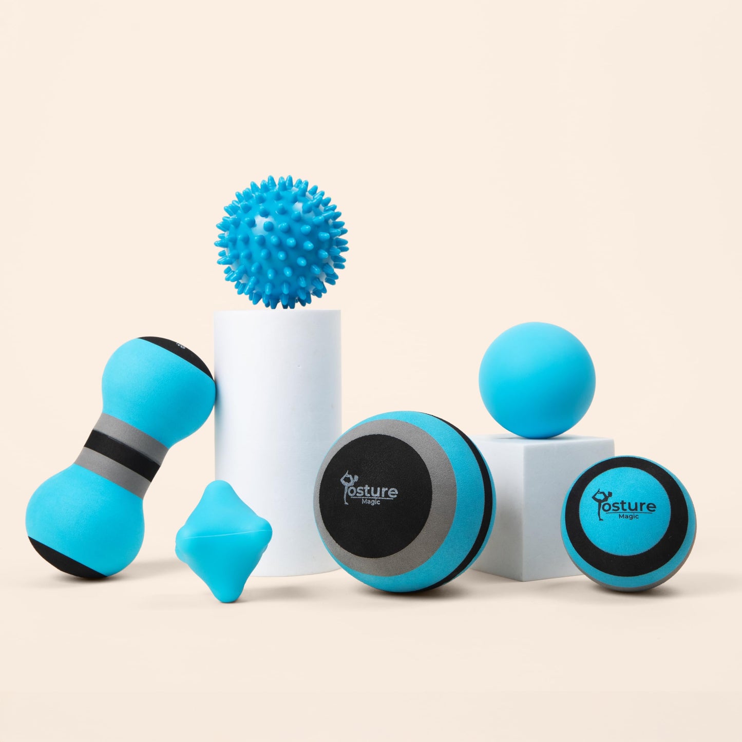 Posture Magic Massage Ball Set for Myofascial Trigger Point Release & Deep Tissue Massage - Set of 6 - Large Foam/Small Foam/Lacrosse/Peanut/Spiky/Hand Exercise Ball (Blue)