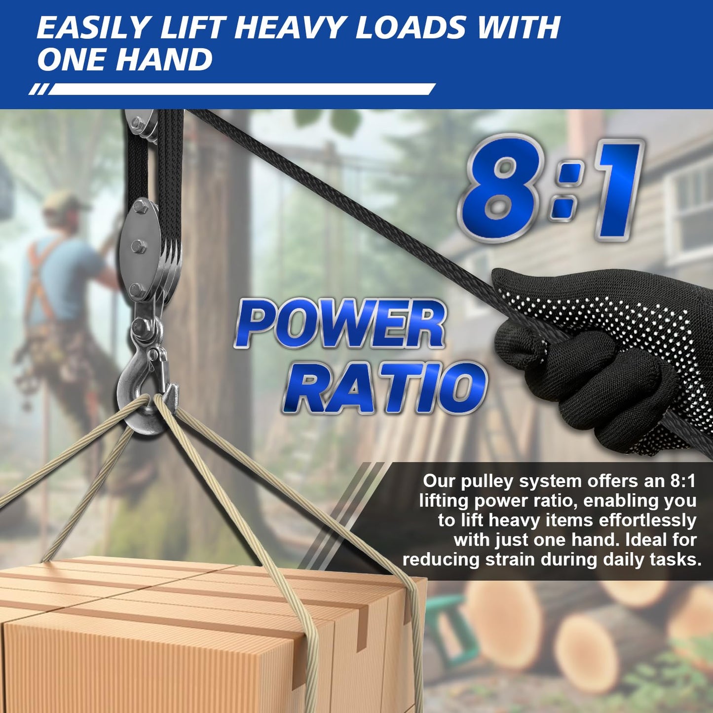 SALIFTFE Block and Tackle Pulley System, Upgraded 4-Wheel Rope Pulley Hoist, 8:1 Lifting Power, 2200LB Work Load with 65Ft of 1/4" Rope, Ultra-Compact Rope Hoist for Garage, Hunting, and Heavy Lifting