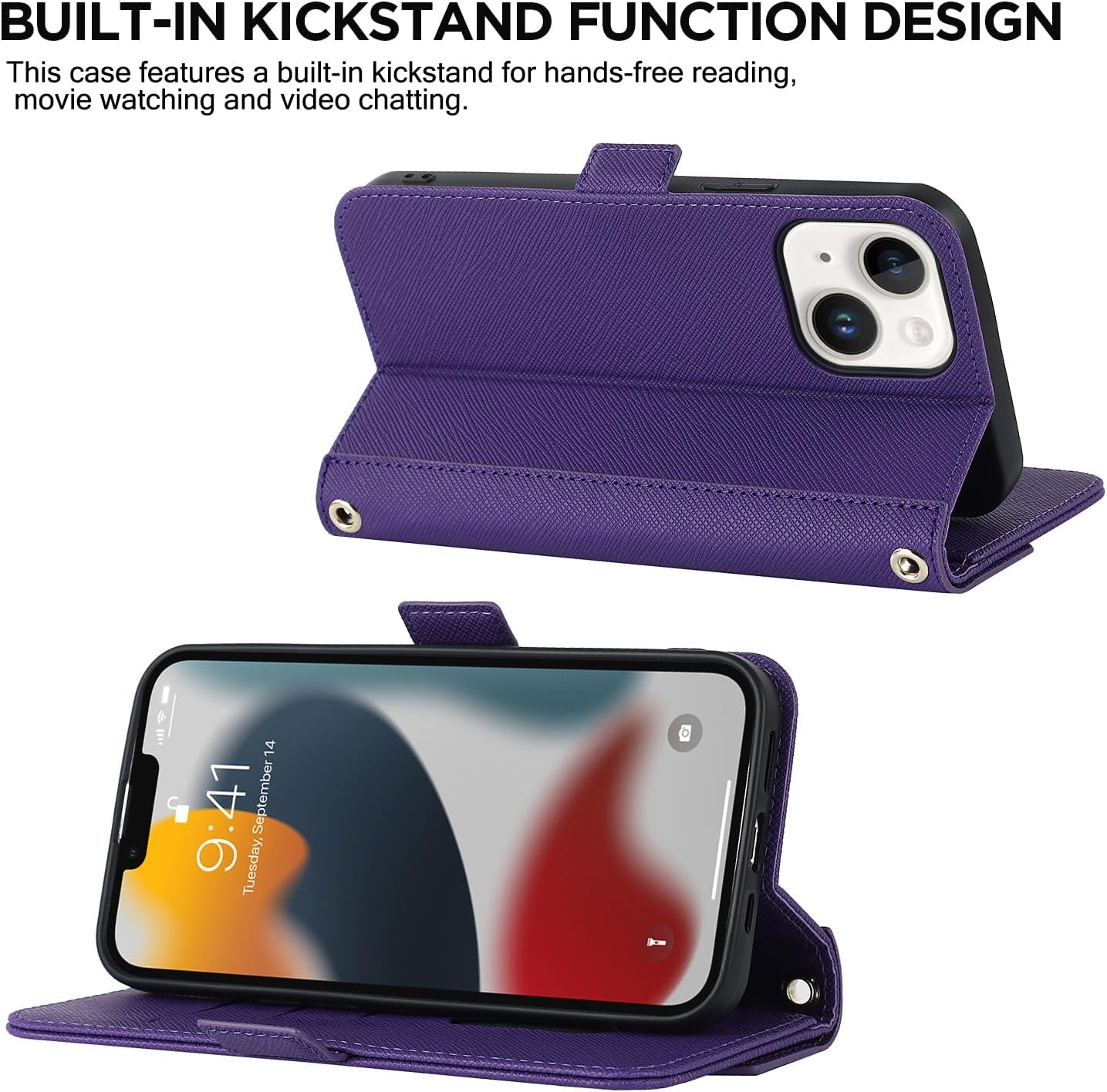 ANSHOW 15 Crossbody Purse Case for iPhone with Leather Wallet & Card Slots, Flip Case with Built-in Kickstand, Long