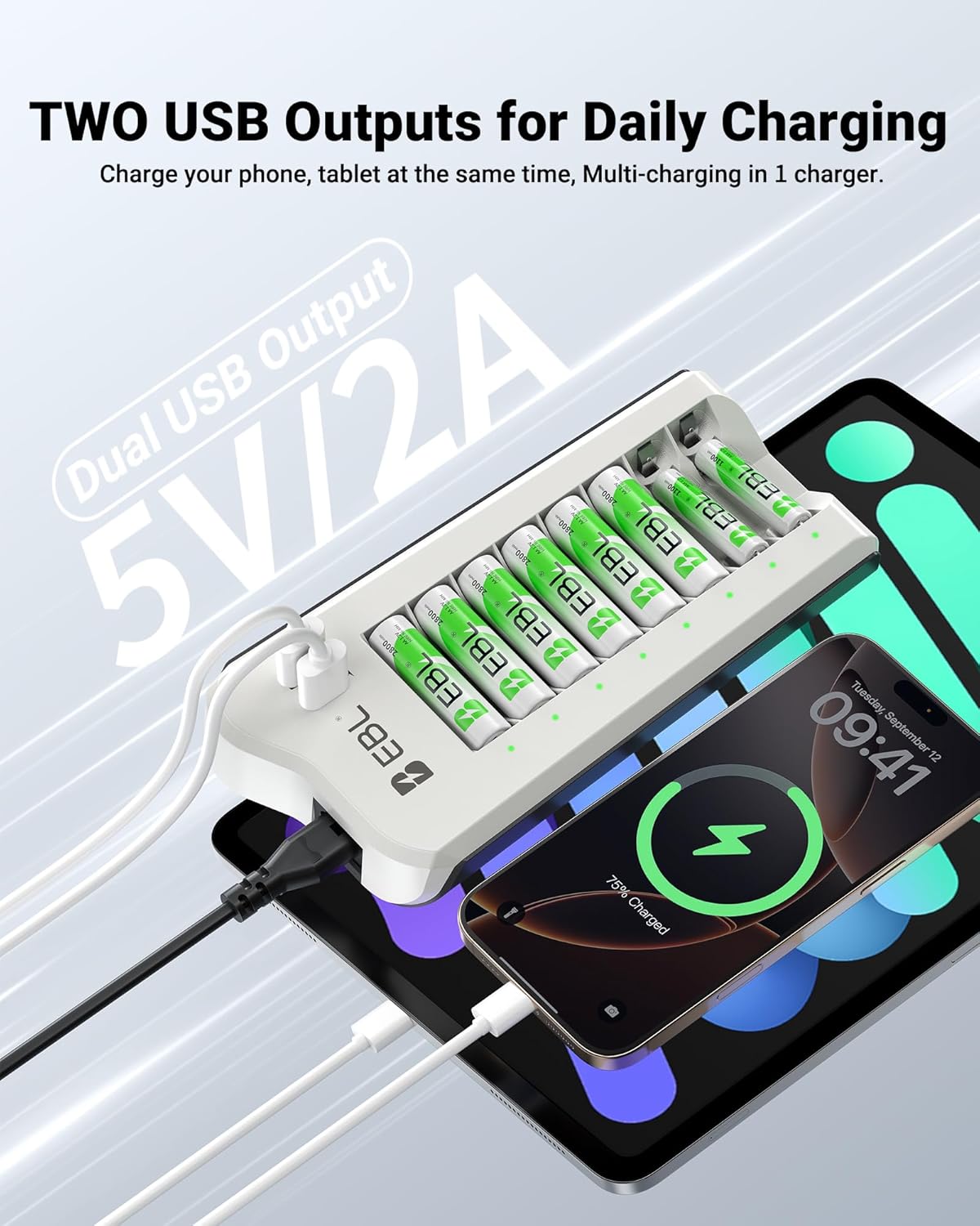 EBL 1100mAh (16 Pack) 2 NiMH AAA Rechargeable Batteries and Rechargeable AA AAA Battery Charger with USB Charging Ports