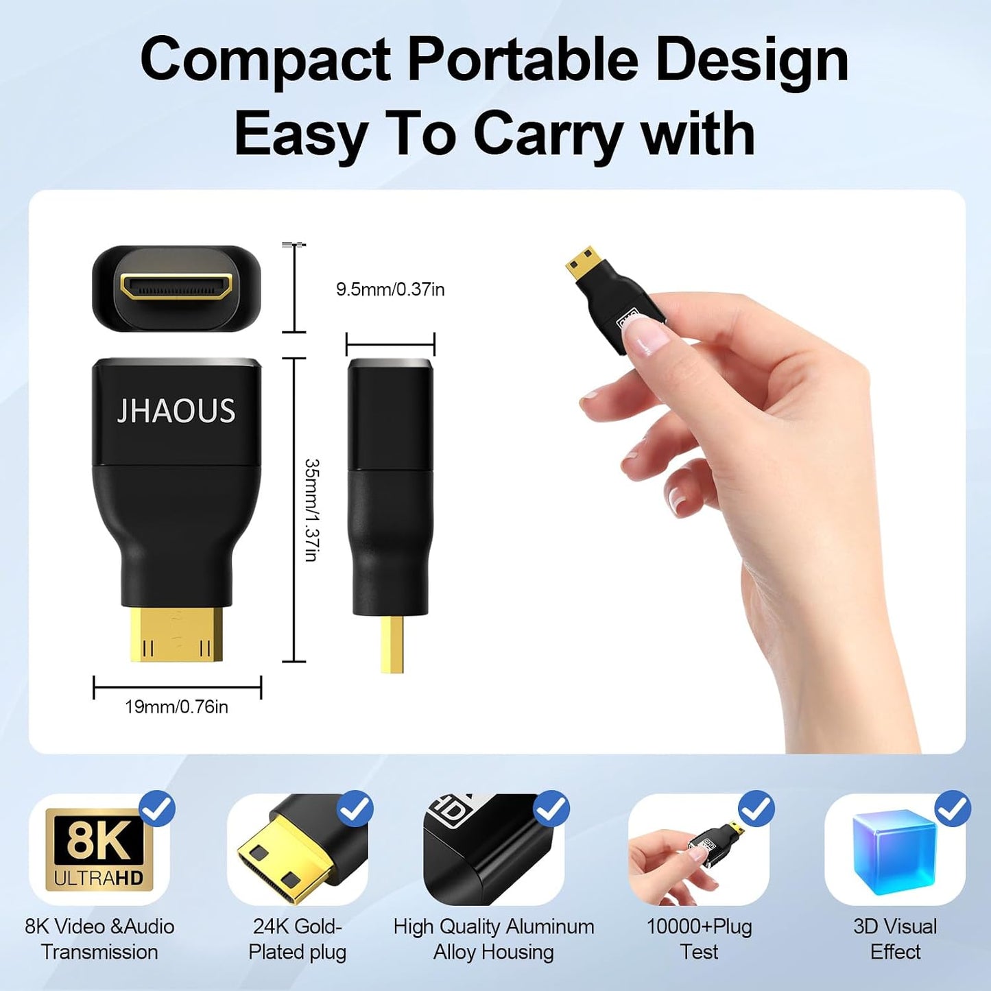 JHAOUS 8K@60Hz 4K@144Hz Mini HDMI to HDMI Adapter, Gold-Plated Converter, Female to Mini HDMI Male Adapter for DSLR