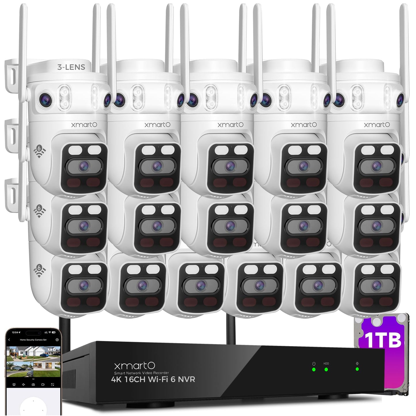 xmartO 16CH 16Pcs 6MP Tri-Lens PTZ Security Camera System, 16CH 4K WiFi 6 Mesh NVR with 1TB NVR, 3-View/Cam, Long Range Wireless, Plug-in 24/7 Home Surveillance, AI Detection, No Monthly Fees