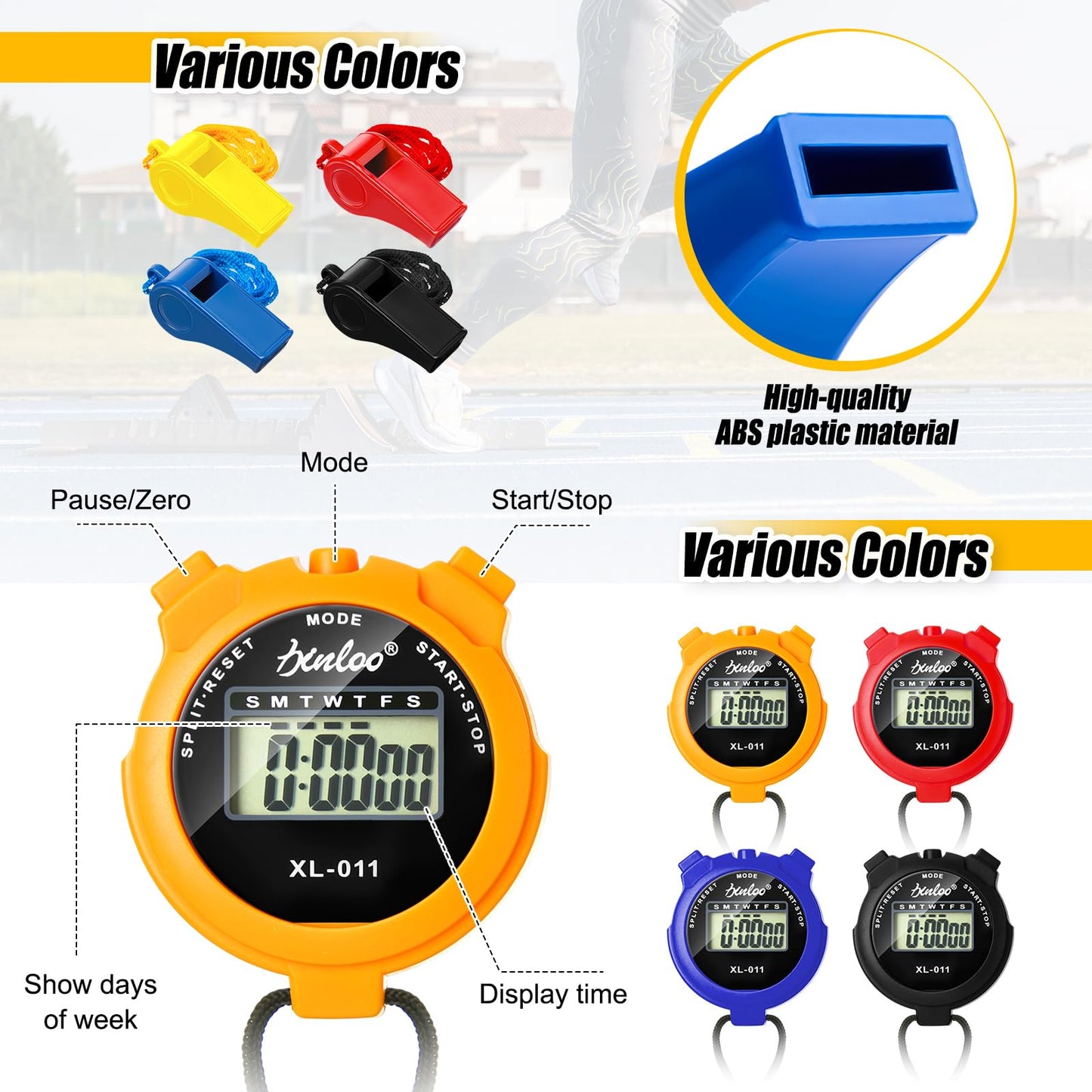 Simgoing 48 Pcs Digital Stopwatch Timer Plastic Whistle Bulk for Sports Coaches Referee Waterproof Watch Timer Whistle with Lanyard Multi Function Electronic Fitness Date Alarm (Multicolor)