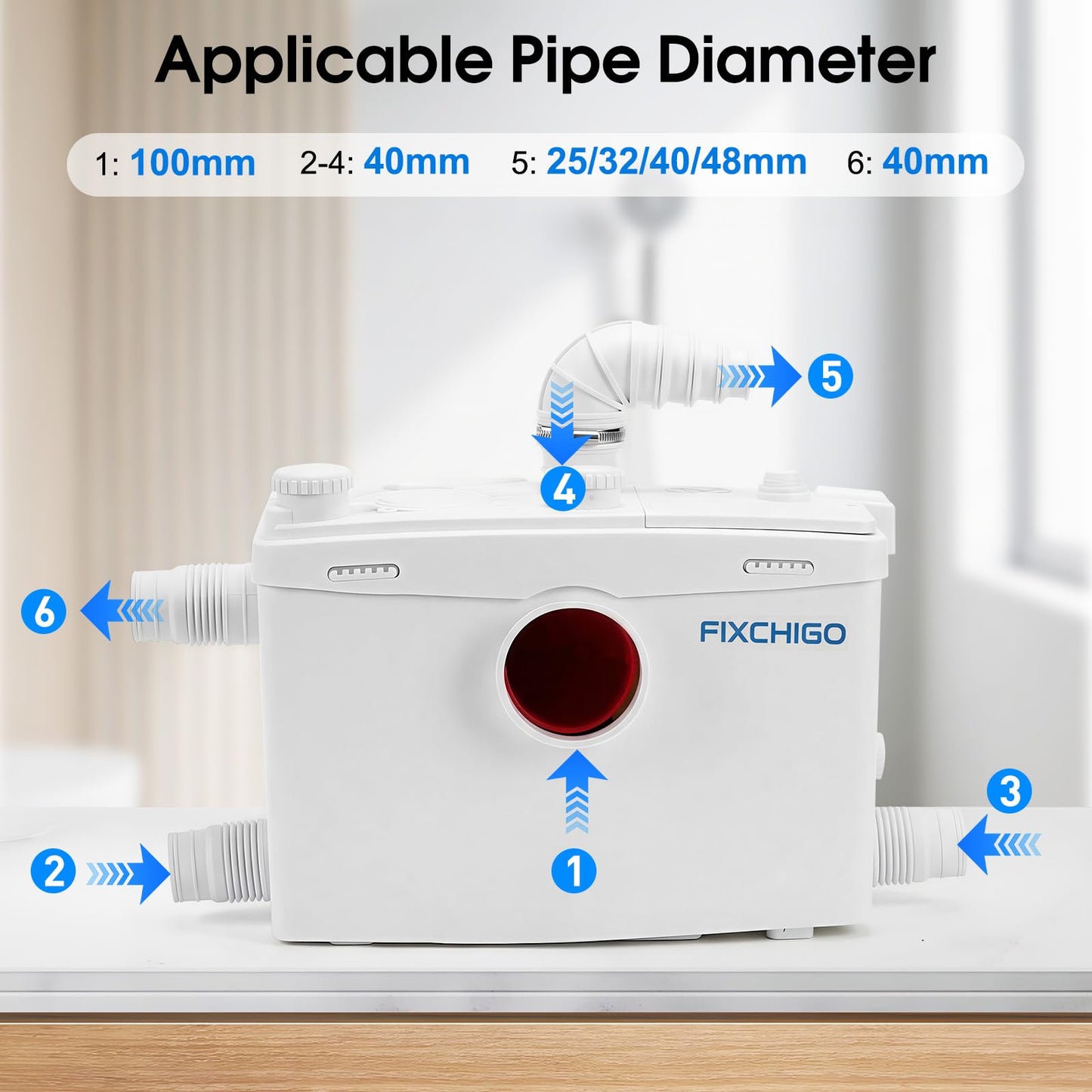 FIXCHIGO 1000W Macerator Pump, Macerating Toilet System with 4 Inlets/2 Outlets, 40 GPM Flow, 29.5 FT Head, PCB Smart Control Sewage Pump for Basement, Sink, Toilet, Laundry, Kitchen