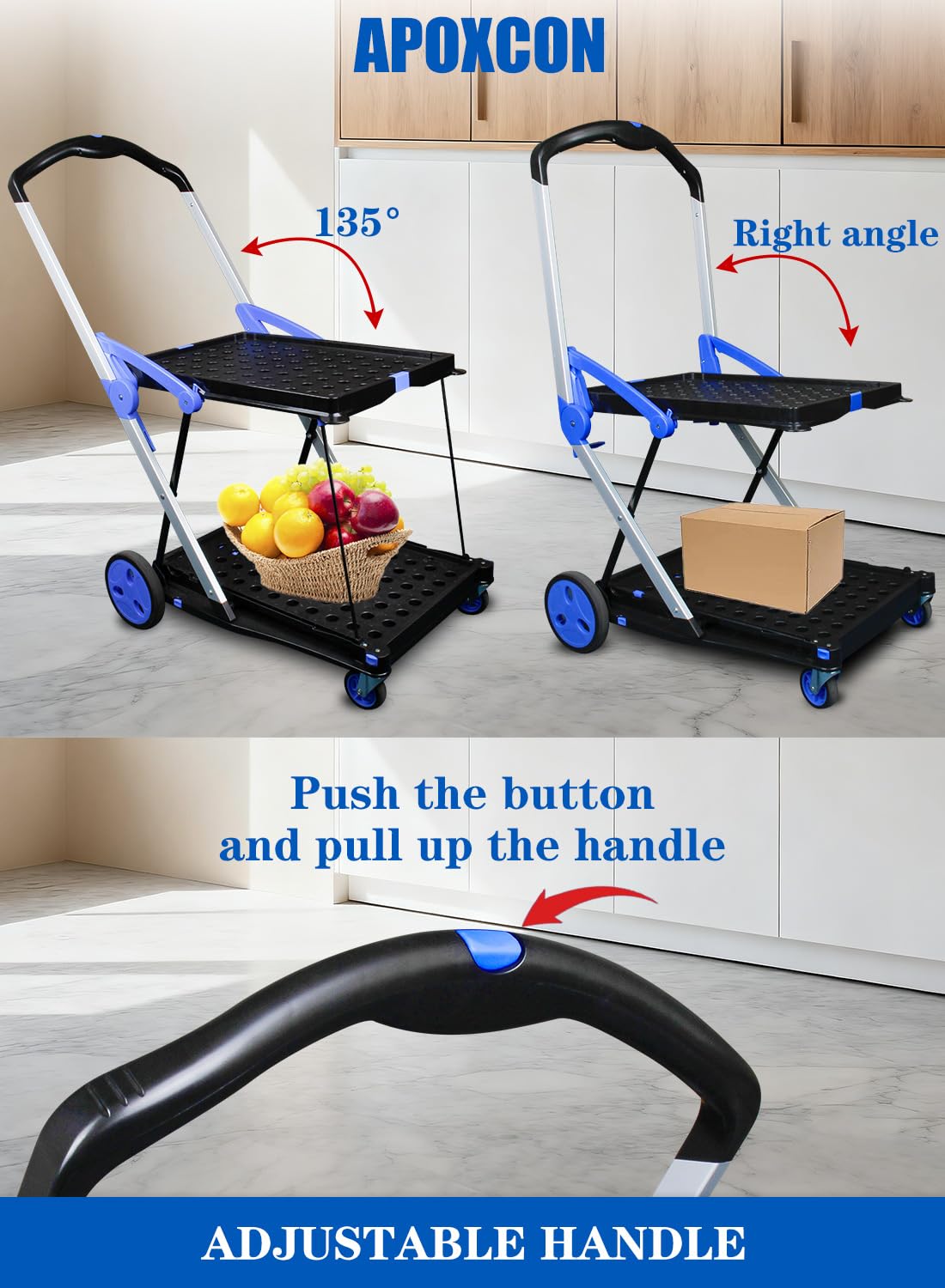 APOXCON Shopping Cart with 2 Storage Crates, Multi Use Two Tier Collapsible Cart with 360° Rolling Swivel Wheels Heavy Duty Folding Trolley for Shopping, Picnic and Office