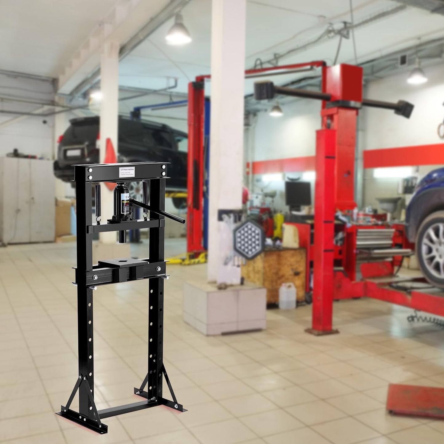 12T Hydraulic Press, Heavy Duty H-Frame Garage Floor Hydraulic Shop Press with Press Plates, Adjustable Working Table Height, for Auto Repair, Black