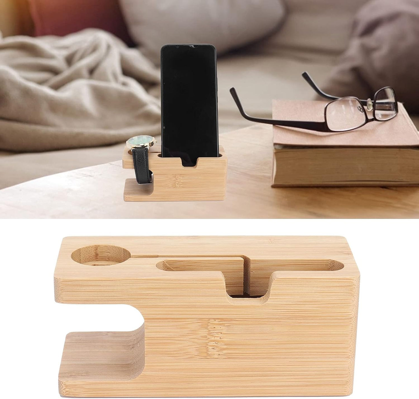 Beufee Wood Charging Docking Station, Bedside Organiser Key Wallet Watch Stand Nightstand Organizer Holder for Living