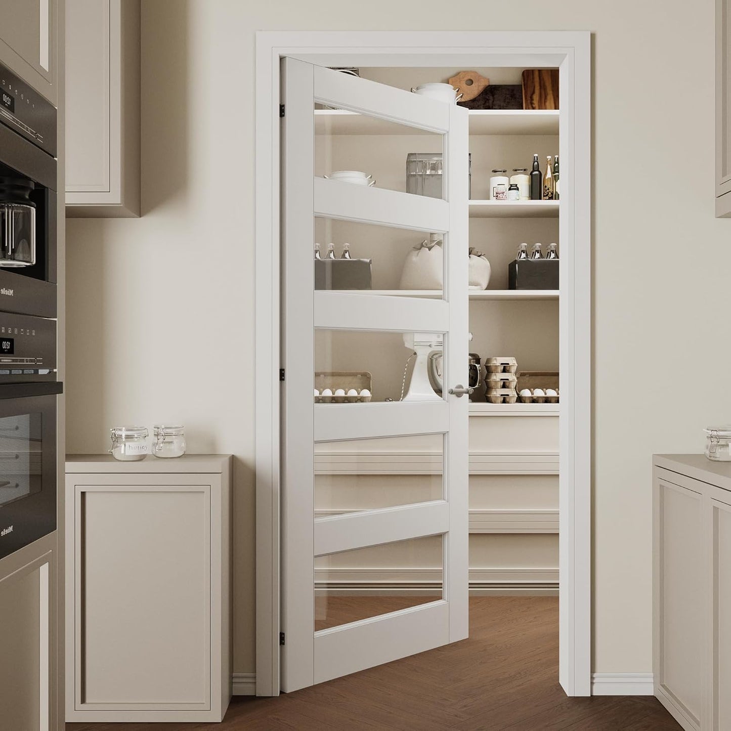 CRUTOP 36''x80'' 5-Panel Clear Glass Interior Door Slab Shaker, Pre-Built Panel for Barn Doors, Pocket Doors, French Door; for Pantry, Bedroom, Closet, Laundry&Bathroom White Prefinish&Paintable