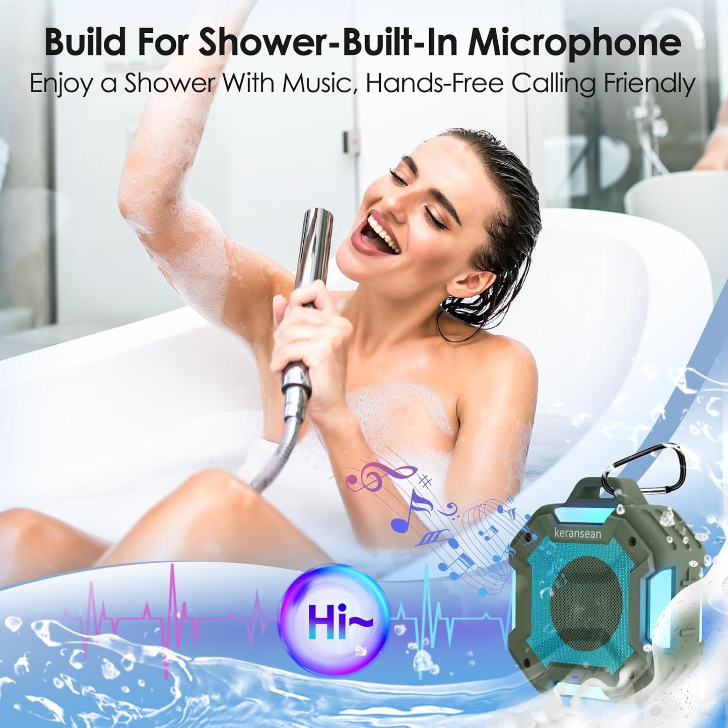 Keransean BT5.4, 24H Shower Bluetooth Speaker Waterproof, Portable Small Speaker, Outdoor Bluetooth Speakers Wireless
