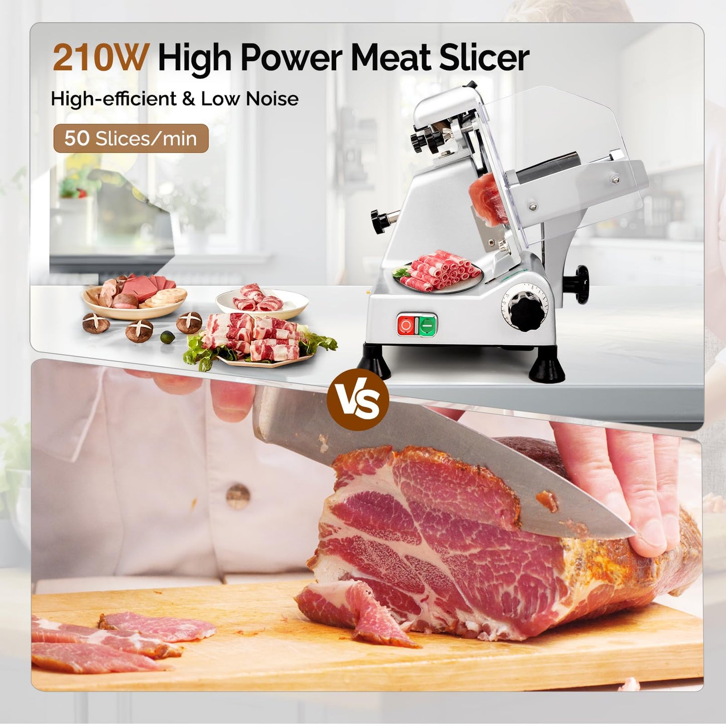 ROVSUN 210W Commercial Meat Slicer, 8 inch Electric Meat Slicer Machine with Adjustable Thickness(0-13mm), Frozen Meat Deli Cheese Food Slicer with Upgraded Carbon Steel Blade for Home and Commercial