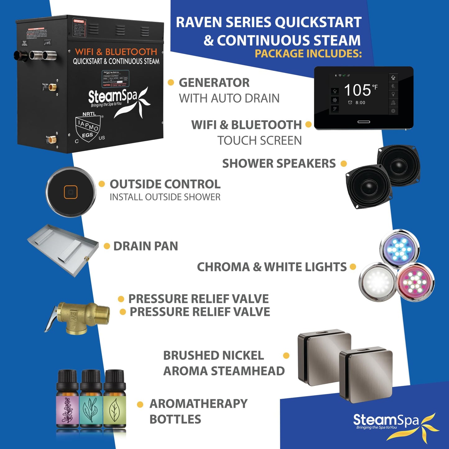 SteamSpa Steam System 12kW Steam Shower Generator with Bluetooth Wifi, Quickstart Continous Steam, Advanced Touch Pad Screen, Chroma Lights, Drain Pan and Auto Drain Brushed Nickel RVBS1200BN-A