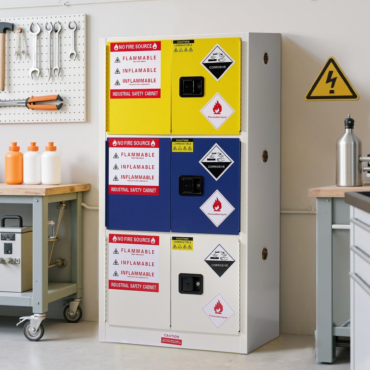 SPECRAFT 50 Gal Flammable Safety Cabinet, 65x34x18 Inch, 3-in-1 Storage, Adjustable Shelves, Cold-Rolled Steel, OSHA & CE Certified, for Industrial, Lab, Institutional Use, Yellow/Blue/Grey