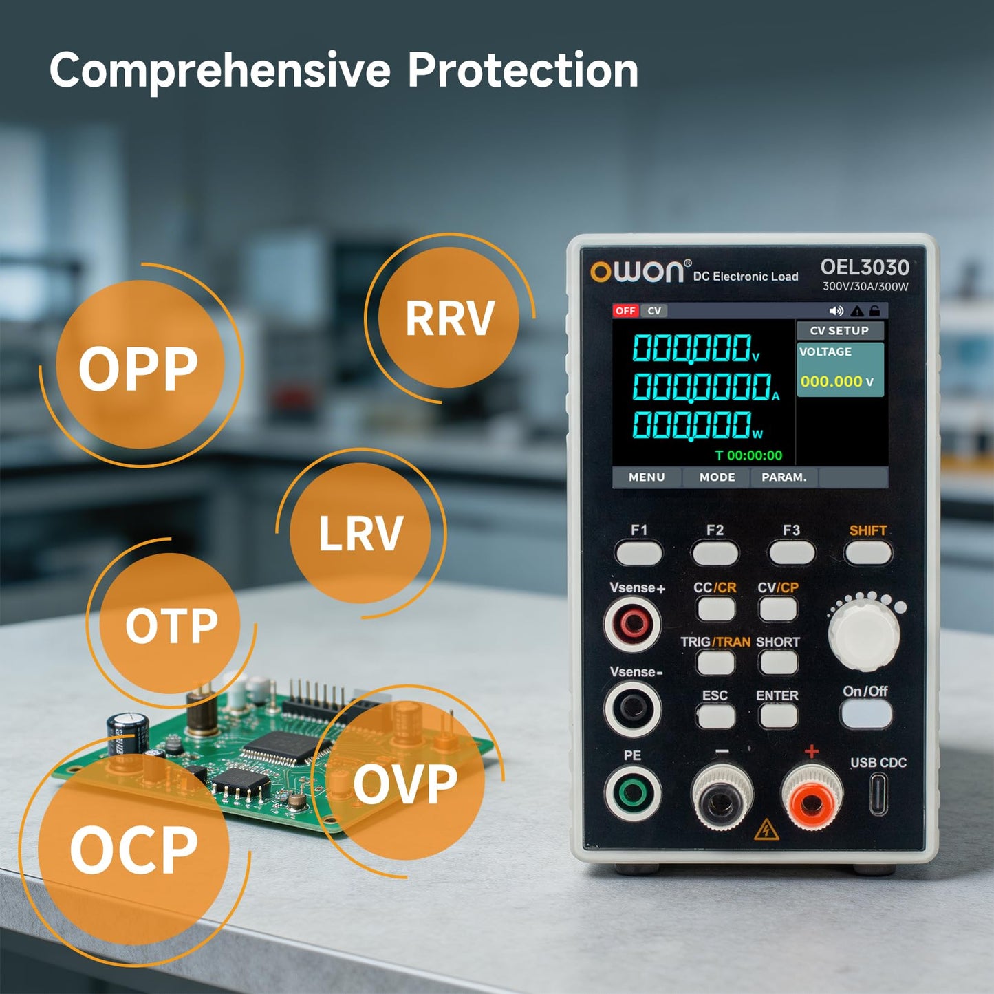 OWON Programmable DC Electronic Load OEL3030, DC 300V 30A Maximum 300W, USB/RS232, CV CC CR CP 4 Operation Modes, 5kHz Dynamic, Lab Bench Power Tester with 2.8” TFT Color LCD Display