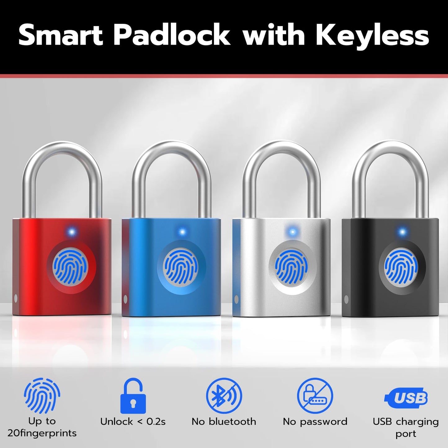Smart Padlock Gym Lock: 2-Pack Black & Silver - Mini Fingerprint Padlock eLinkSmart Locker Lock with Colourful Metal Keyless 20 Fingerprints fits Luggage School Bag Toolbox Gym Locker