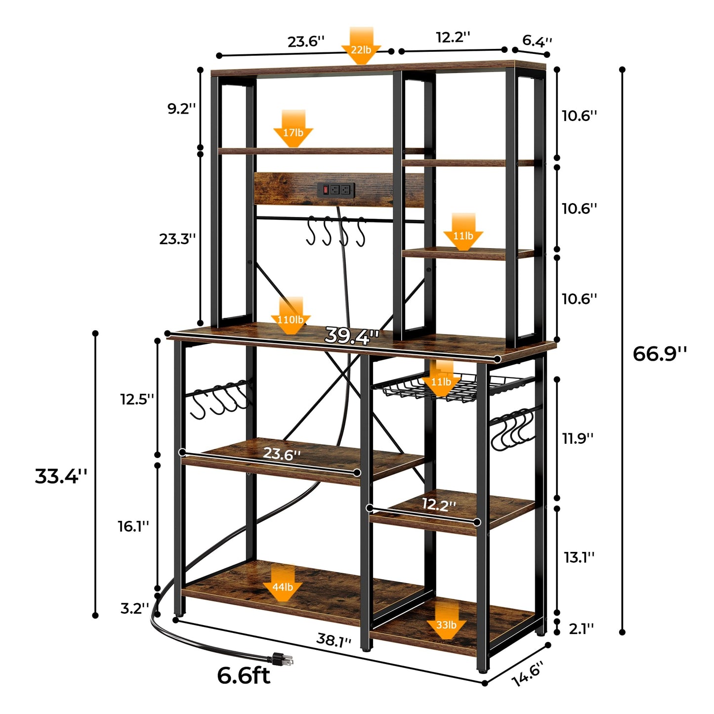 SUPERJARE Large Bakers Rack with Power Outlets, 6-Tier Microwave Stand, Coffee Bar with 12 S-Shaped Hooks, Kitchen Shelf with Wire Basket, 39.4 x 14.6 x 66.9 Inches, Rustic Brown