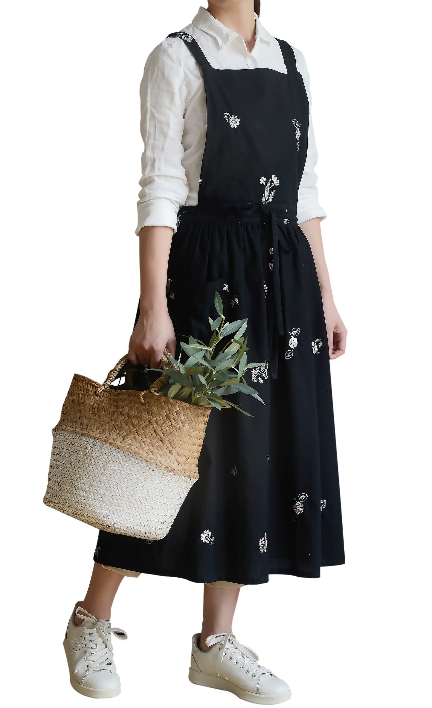 losofar Embroidered Cotton Pleated Apron Retro Waterdrop Proof Garden Cleaning Pinafore Dress (Floral Black, 103cmx86cm)