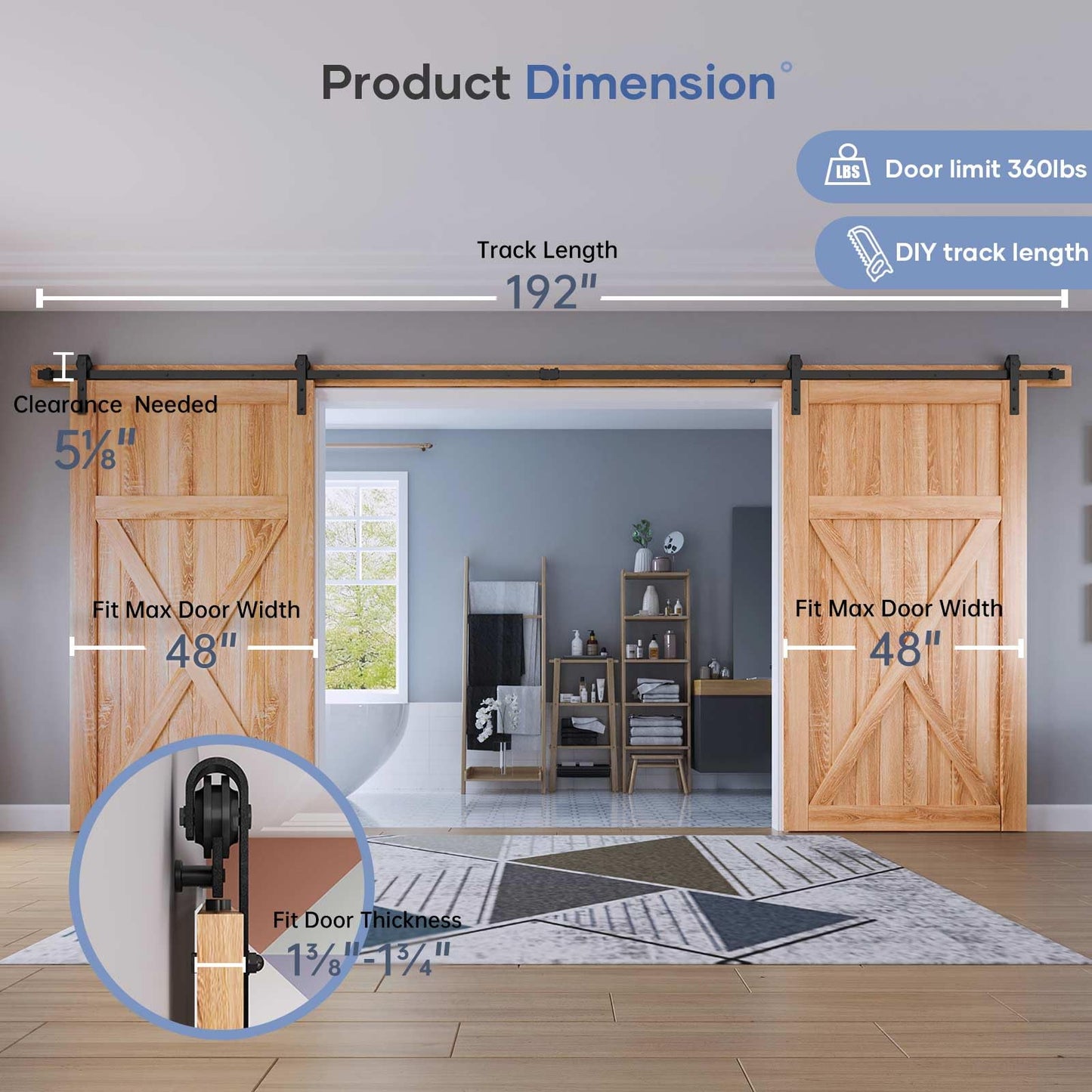 EaseLife 16 FT Double Door Sliding Barn Door Hardware Track Kit,Basic J Pulley,Slide Smoothly Quietly,Easy Install (16FT Track Kit for Double 48" Wide Door)