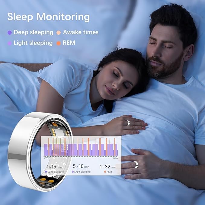 Ring Health Tracker for Women Men, Fit Ring with Heart Rate, Blood Oxygen, Sleep Monitor, Calories, Step Counter, IP68 Waterproof Smart Ring for iPhone & Android, No Subscription Fee (Silver, 11#)
