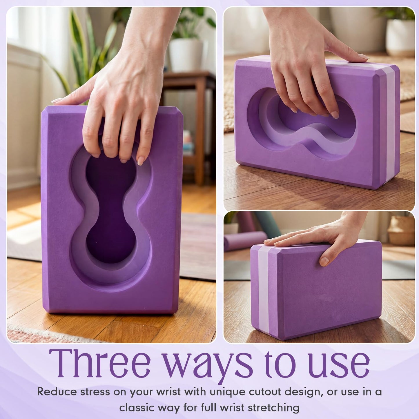 Yoga Blocks 2 Pack for Wrist Relief Yoga Blocks Wrist Support Set with Knee Pads and Strap Improve Comfort and Grip, Nonslip EVA Foam Pilates Exercise Balance Stretching Accessories Meditation(Purple)
