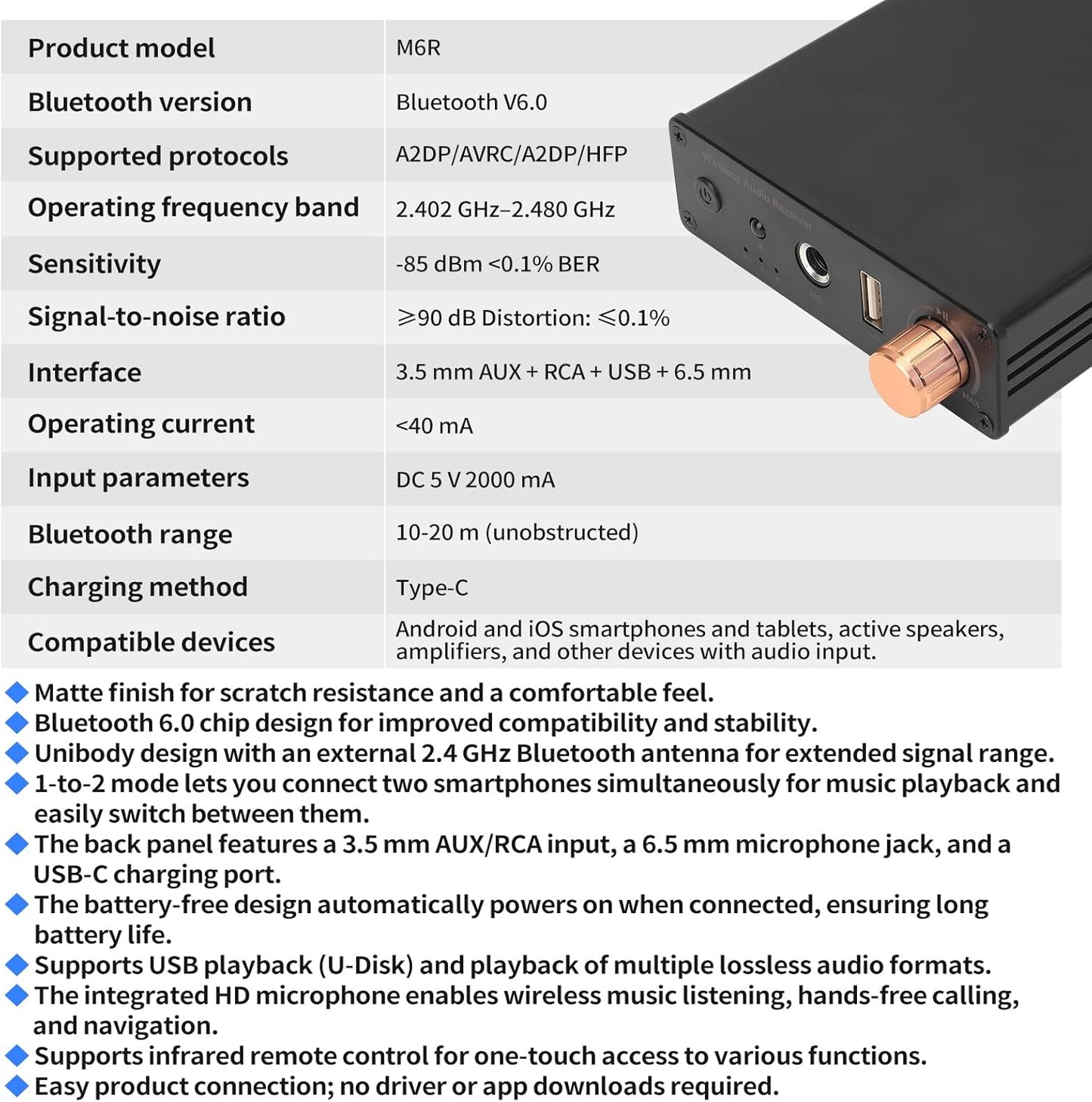 Ransanx M6R 6.0 Bluetooth Receiver Audio Receivers Support Microphone Singing U Disk Playback Infrared Remote Control
