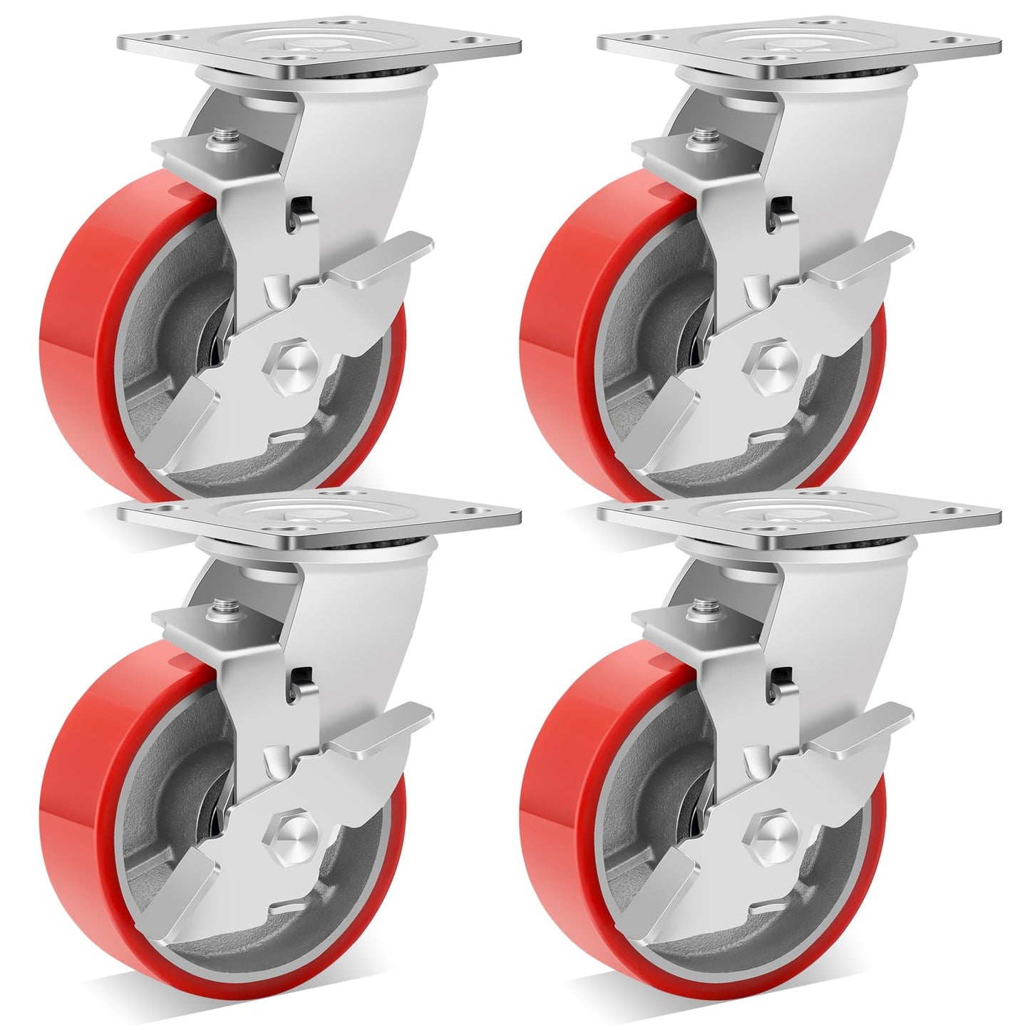 W B D WEIBIDA 5 Inch Industrial Casters, Heavy Duty Casters 4000 LBS, Low Noise Polyurethane Wheels on Steel Hub Swivel Plate Caster Wheels Shelving, Gantry Crane, Platform Truck(4 Brake)