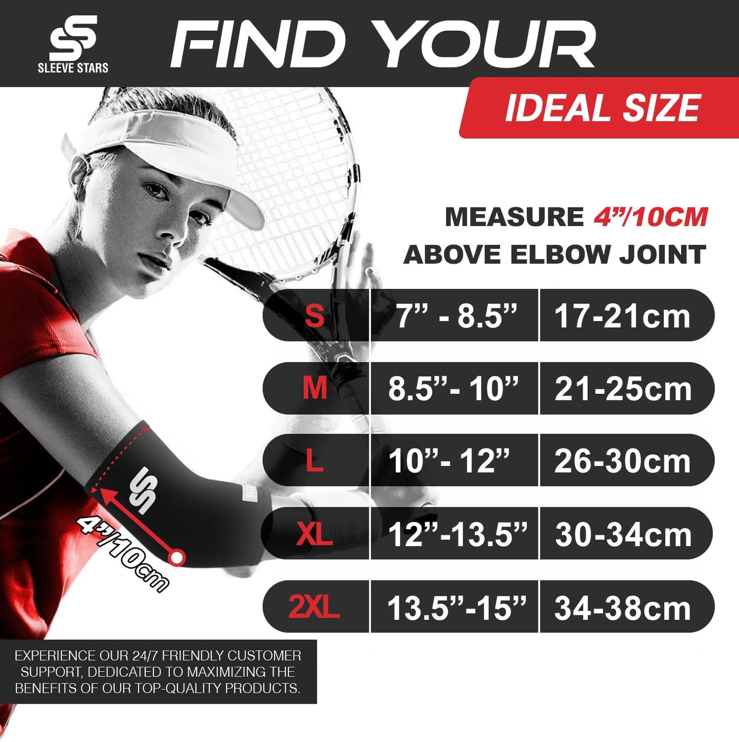 Sleeve Stars Elbow Sleeve for Pain Relief & Protection - Elbow Compression Sleeve for Women & Men - Supportive Elbow Brace for Tendonitis, Recovery & Ideal for Sports, Work (S: 7"-8.5"/Black)