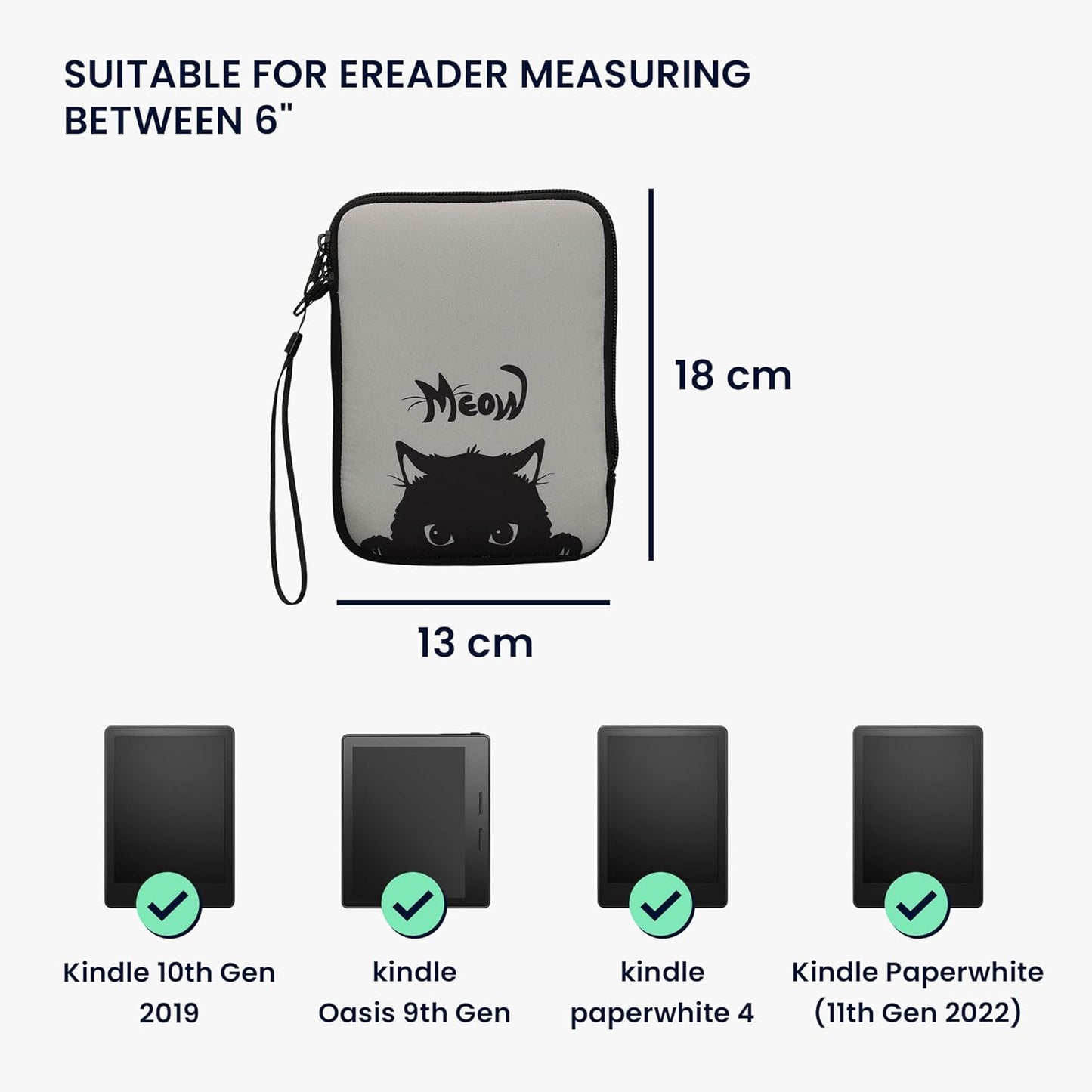 kwmobile 6" Neoprene e-Reader Pouch Size eReader - Universal eBook Sleeve Case with Zipper, Wrist Strap - Grey/Black