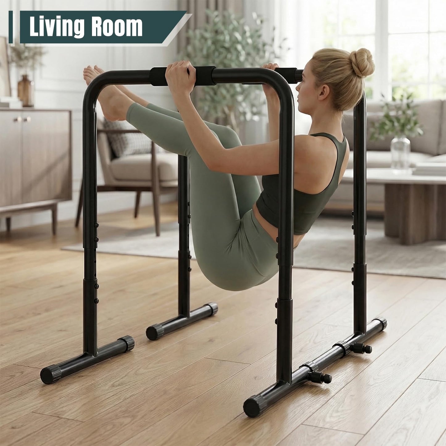 OLIXIS Dip Bar, Adjustable Heavy Duty Dip Bar Station with Soft High-Density Foam Handles, Stabilizer Parallel Parallette Bar Fitness Equipment for Home, Gym, Patio, Office(Black)