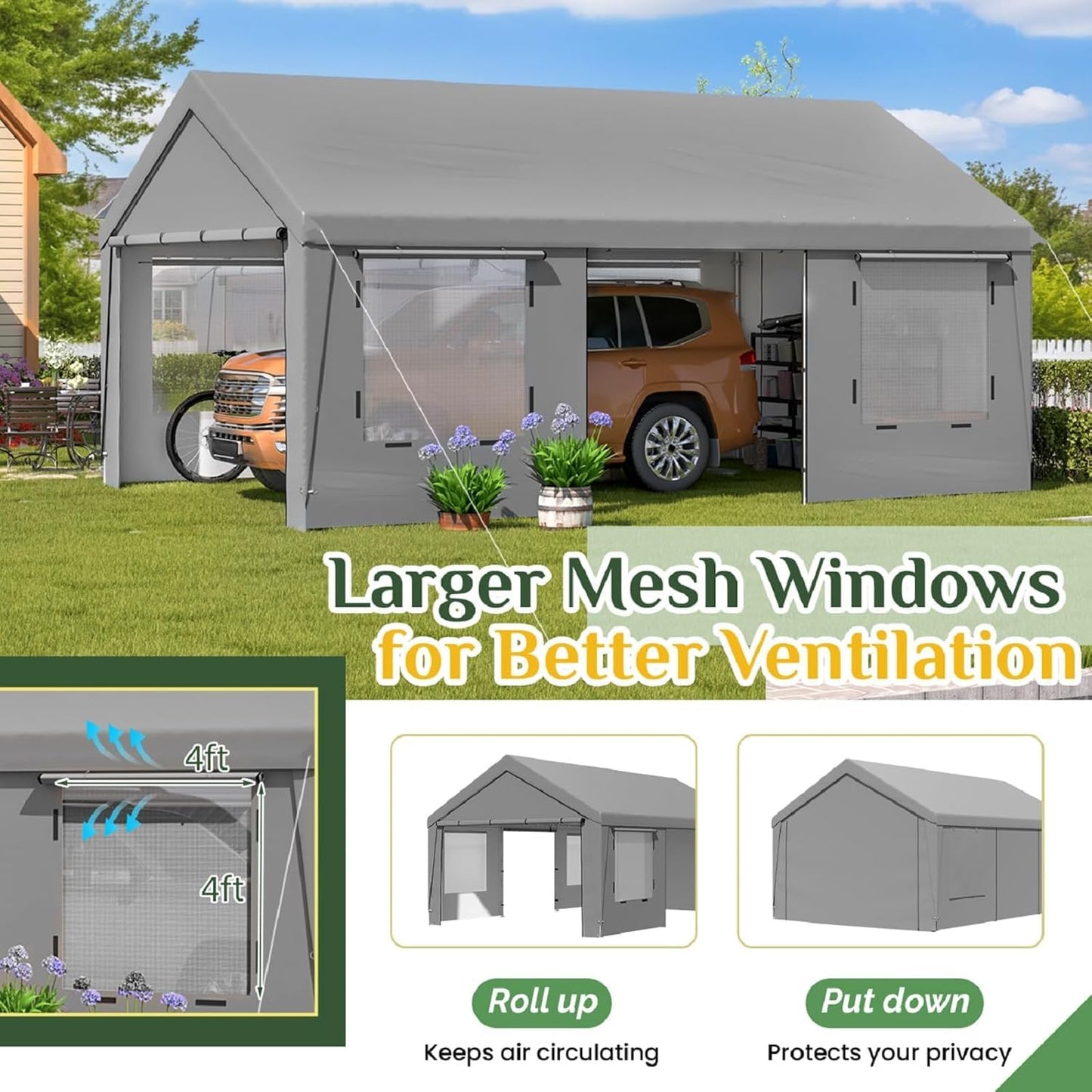 EROMMY 13x20FT Heavy Duty Carport, Portable Garage Shelter with Roll-Up Windows, Removable Sidewalls and Doors, Outdoor Storage Canopy for Car, Truck, Boat, RV, Trailer, Outdoor Gray and Inner White