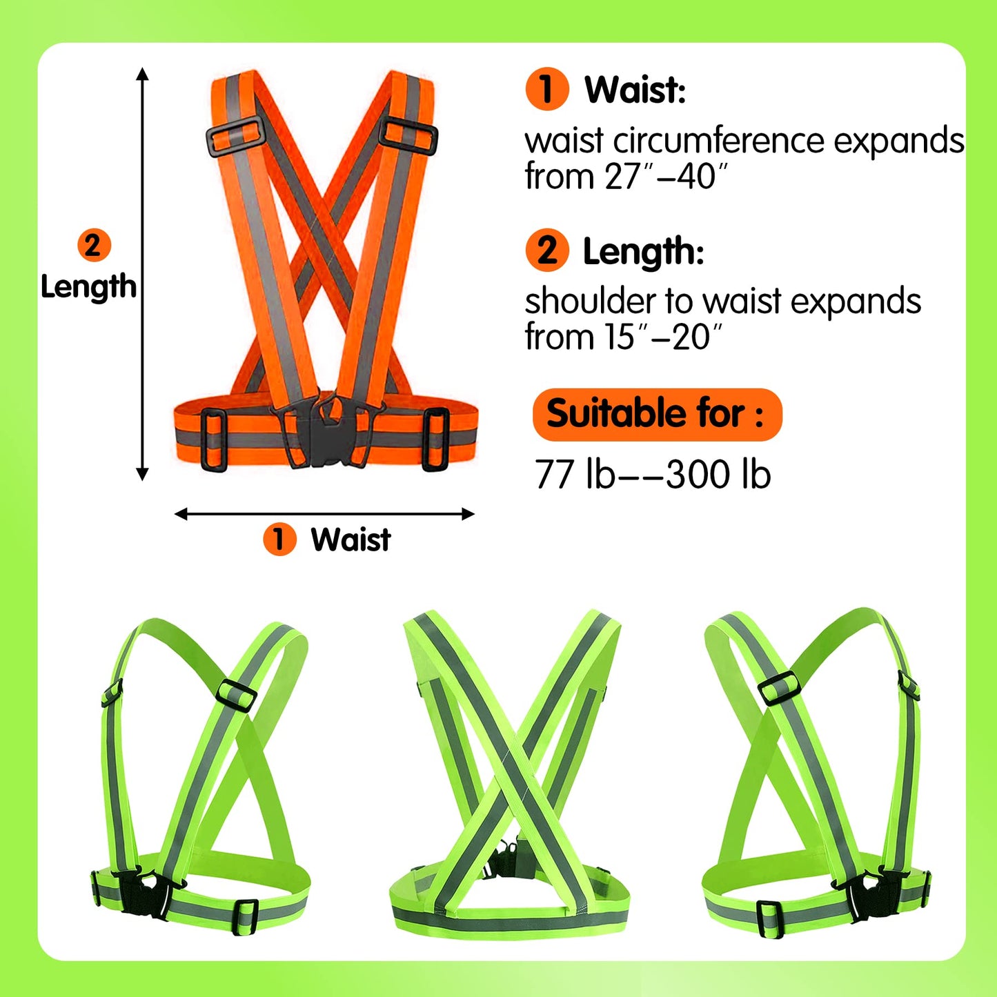 Reflective Safety Vest 2pcs - High Visibility Vest Adjustable Straps for Outdoor Jogging, Cycling, Walking,Construction Workers,Traffic Control,and Outdoor. Fits Men Women (Green + Orange)