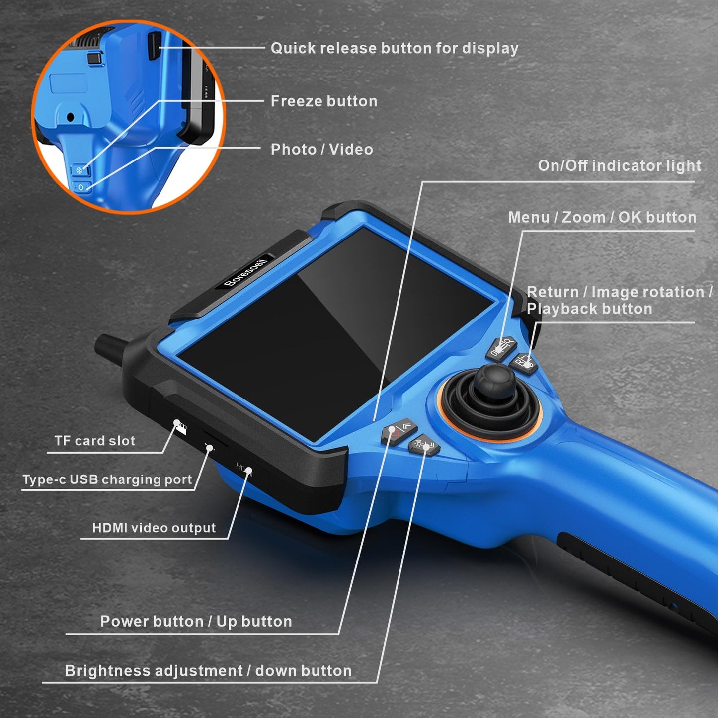 Boresoeil 360° Articulating Borescope with 0.25 in Slim Probe, 5" HD 4-Ways Industrial Endoscope Camera with Light, Articulated Flexible Snake Camera for Plumbing & Machinery Inspection