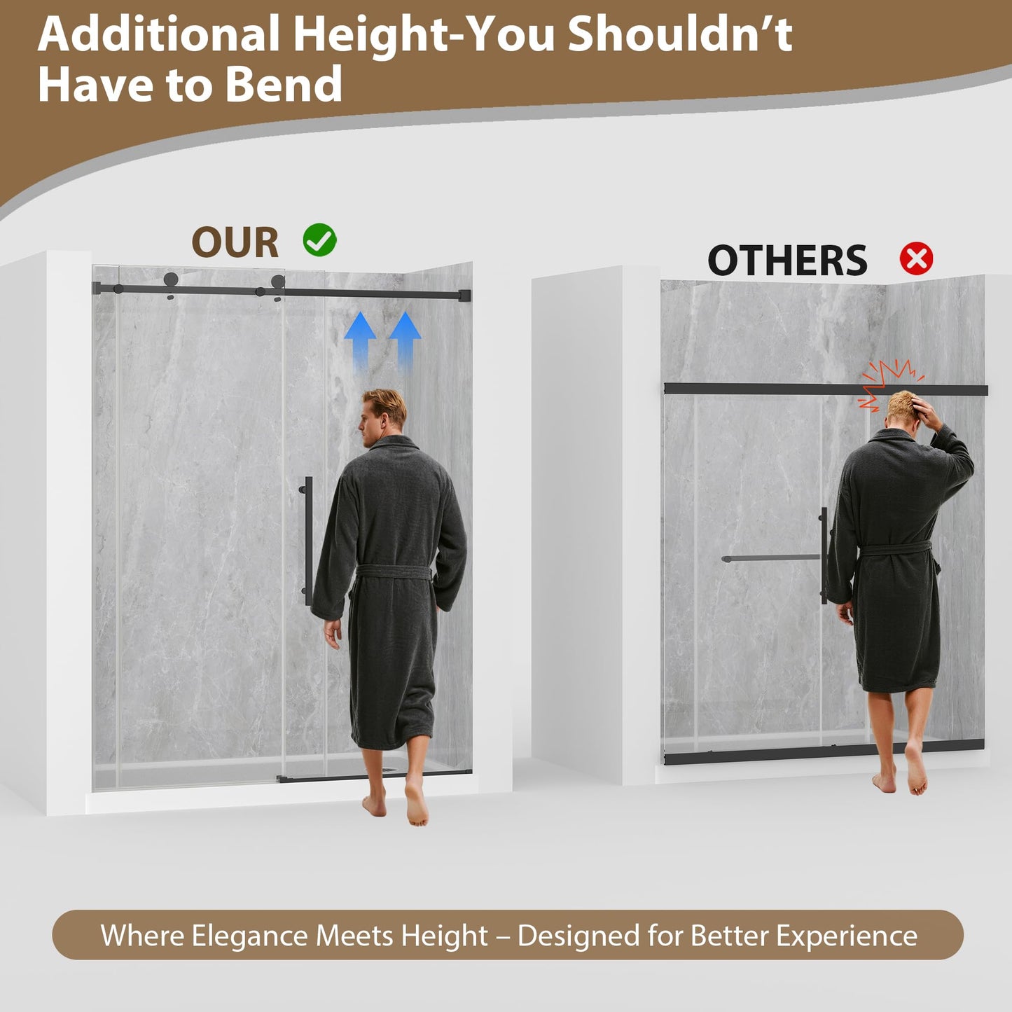 EASYWORC Frameless Glass Shower Door, 61-66" W x 76" H Sliding Frameless Shower Door, 1/4''(6mm) SGCC Tempered Glass, Explosion-Proof Film Nano Coating, Stainless Steel Hardware, Matte Black