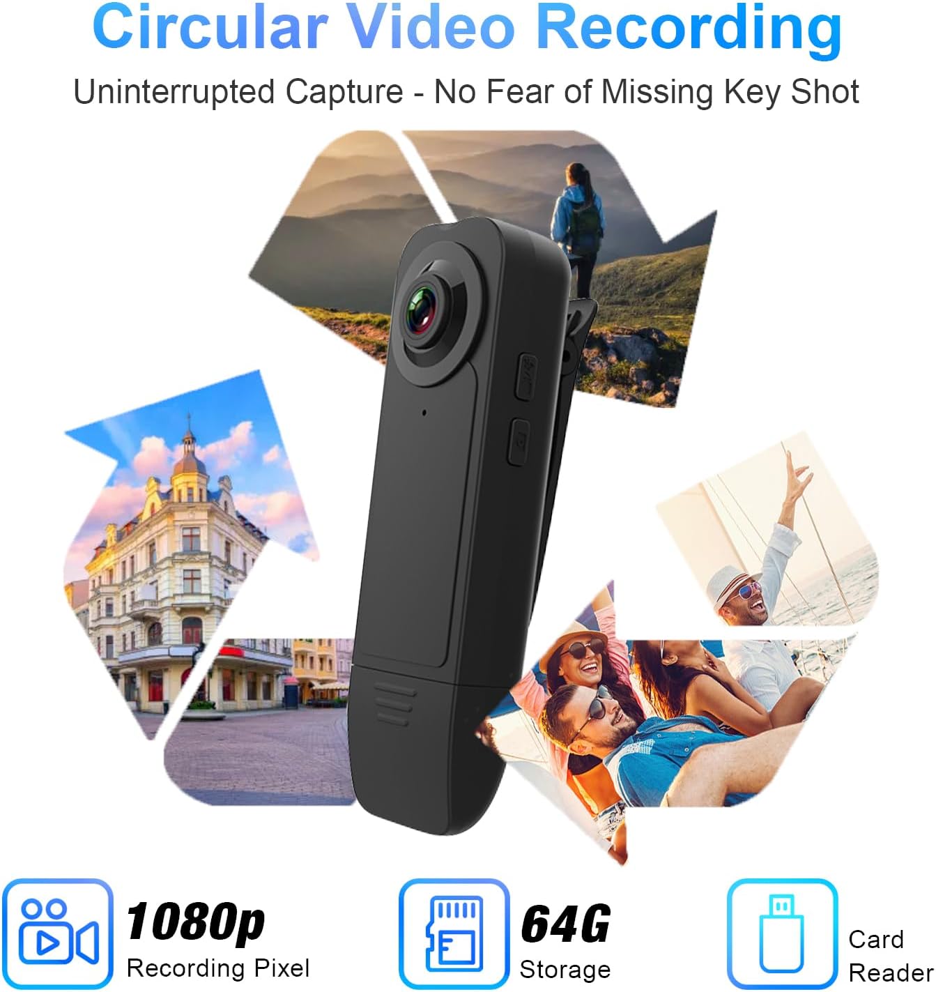 Vauvinmaic 1080P 64G Mini Body Camera with Audio and Video Recording, Body Cam with Card, Night Vision POV Cameras